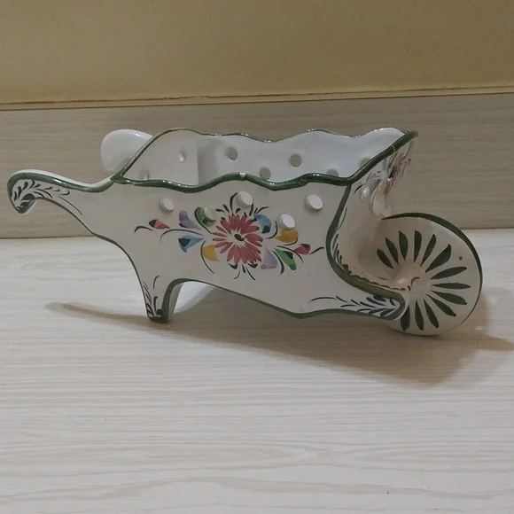 Vintage Spring Easter Porcelain Planter Hand Painted Floral Wheelbarrow Portugal - Picture 2 of 5